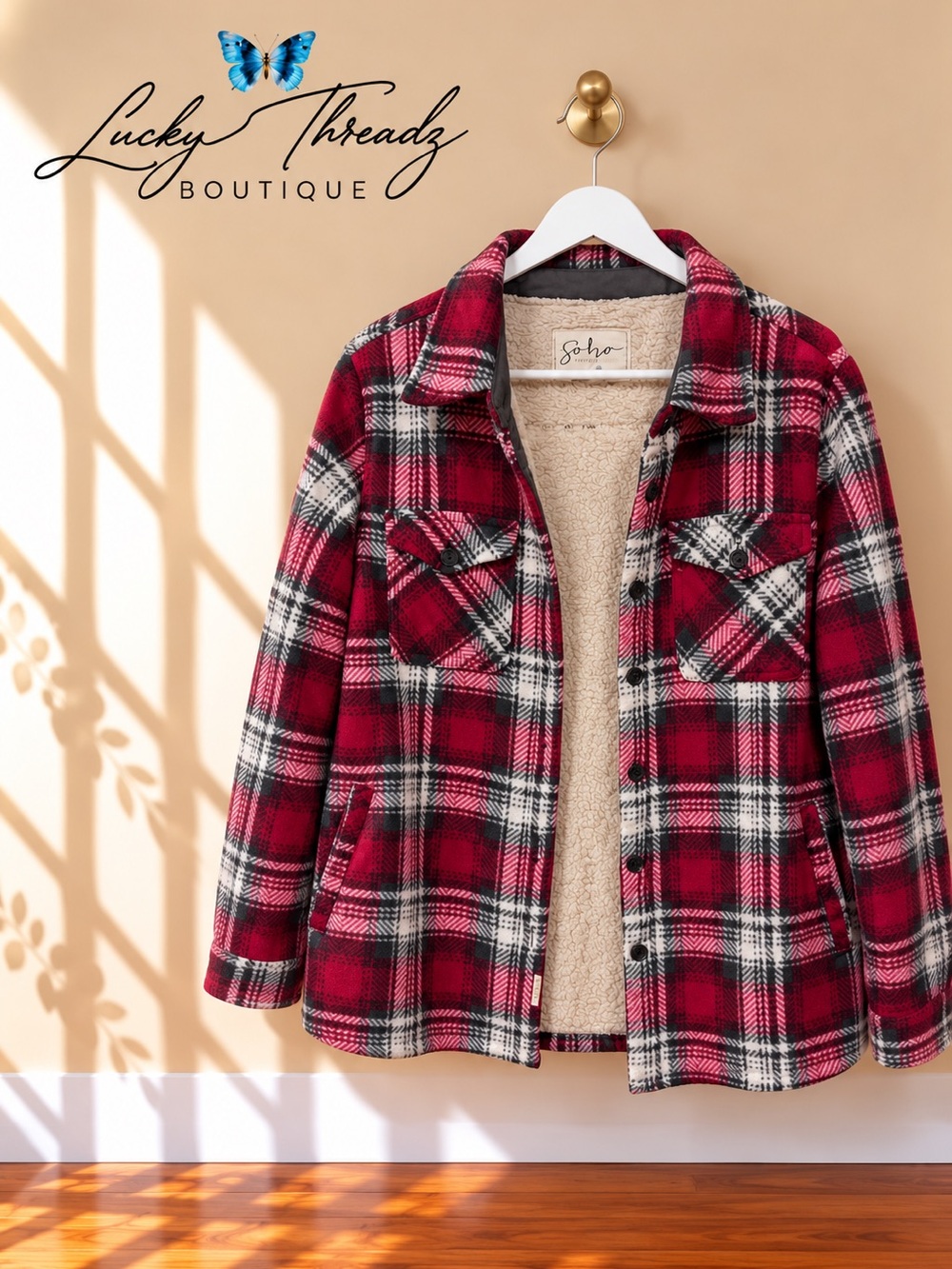 Red Plaid Sherpa Lined Shacket Fleece Jacket Large Flannel Soho Threads